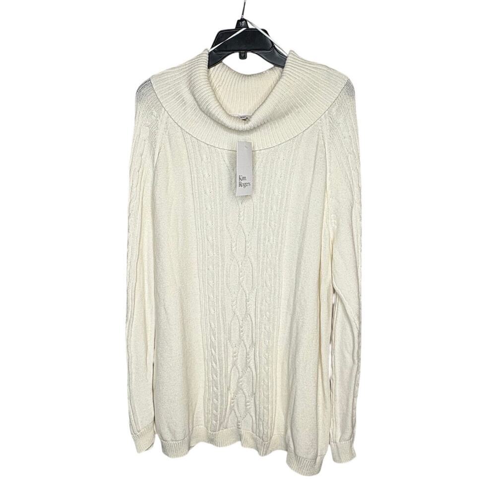 Kim Rogers Ivory 100% Cotton Cable Knit Cowl Neck Pullover Soft Sweater XXL New